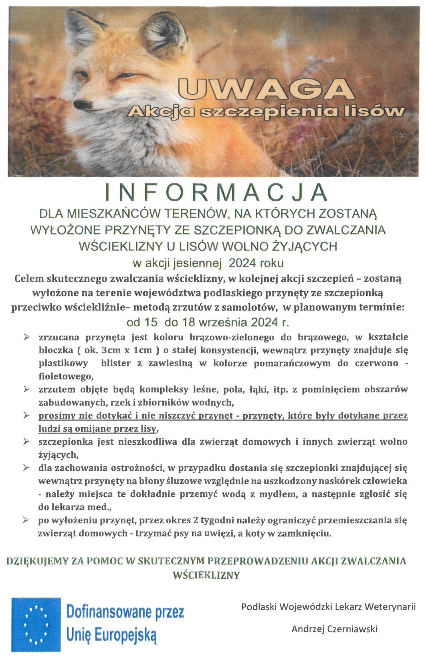 UWAGA - Akcja szczepienia lisów

